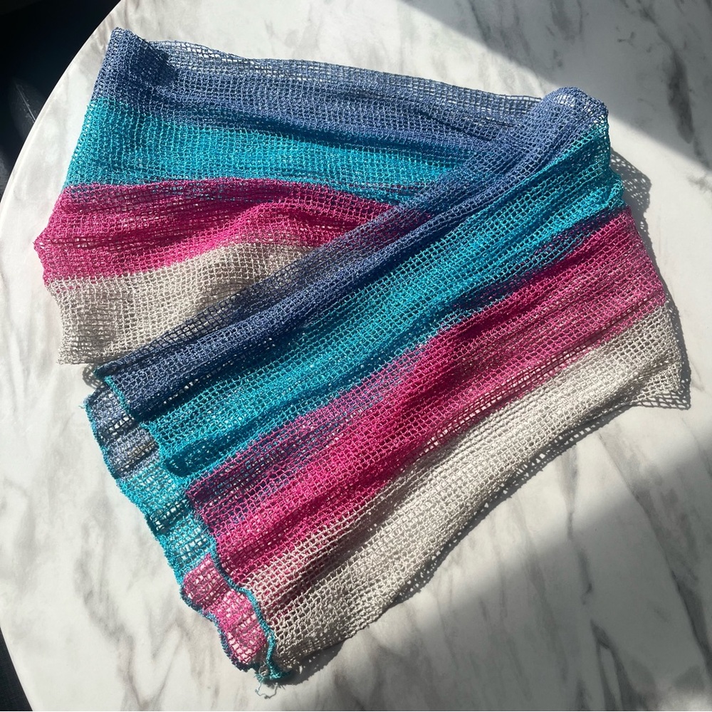 Vintage Accessory Street ITALY Mesh Striped Knit Scarf in blue purple pink VTG - Picture 2 of 4